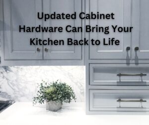 A photo of grey kitchen cabinets with a white counter top with the title of the article for Thunderwood Repairs handyman in Baton Rouge on how updating kitchen cabinet hardware can improve the look of your kitchen